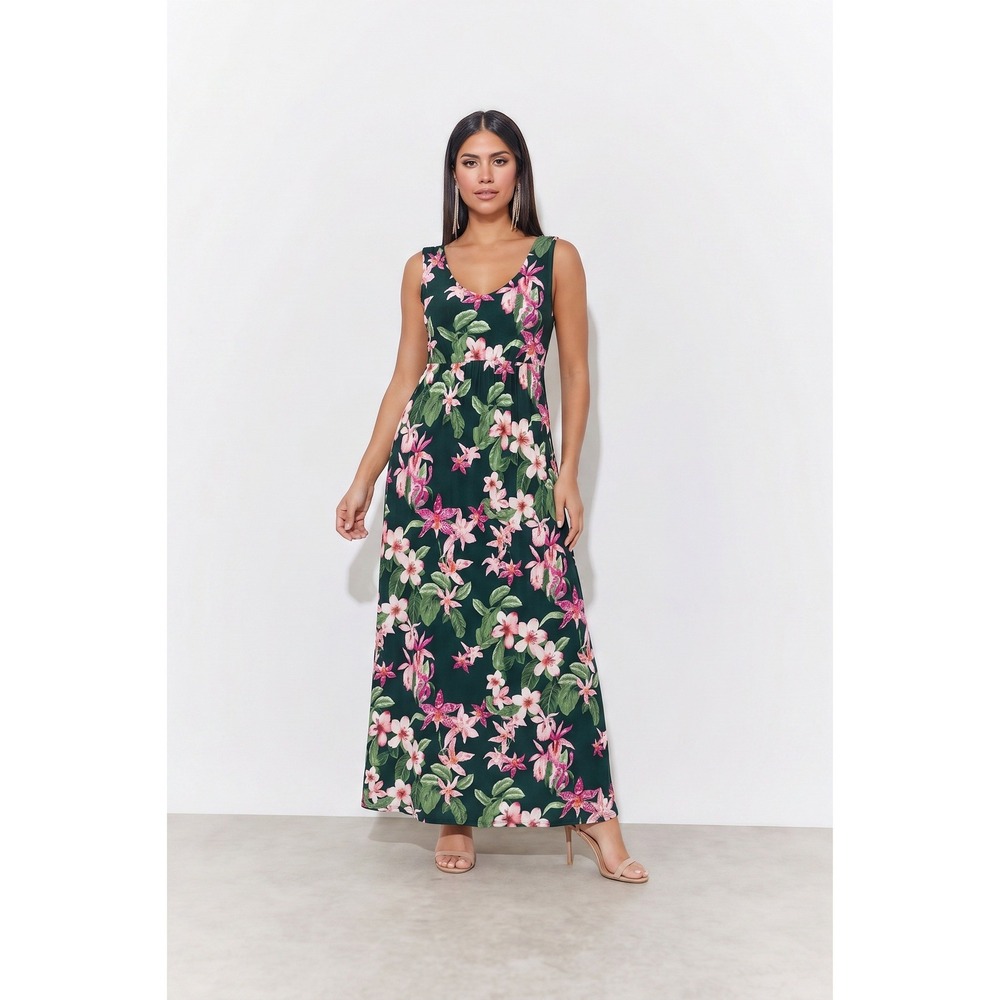 Tommy Bahama Floral Maxi Dress M Green Pink Tropical‎ Empire Waist Sleeveless
